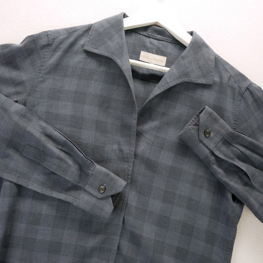 Sarah Alexandra Blue Grey Shadow Plaid Cotton Button Down Shirt Made in Italy 4